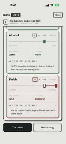 Blind Taste app: alcohol matched and finish missed by one step, each with its reason