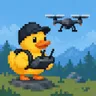 Pixel art: a duck in a cap flying a drone