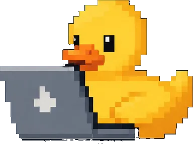 Pixel art: a rubber duck working on a laptop