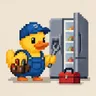 Pixel art: a duck technician fixing a refrigerator
