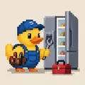 Pixel art: a duck technician fixing a refrigerator